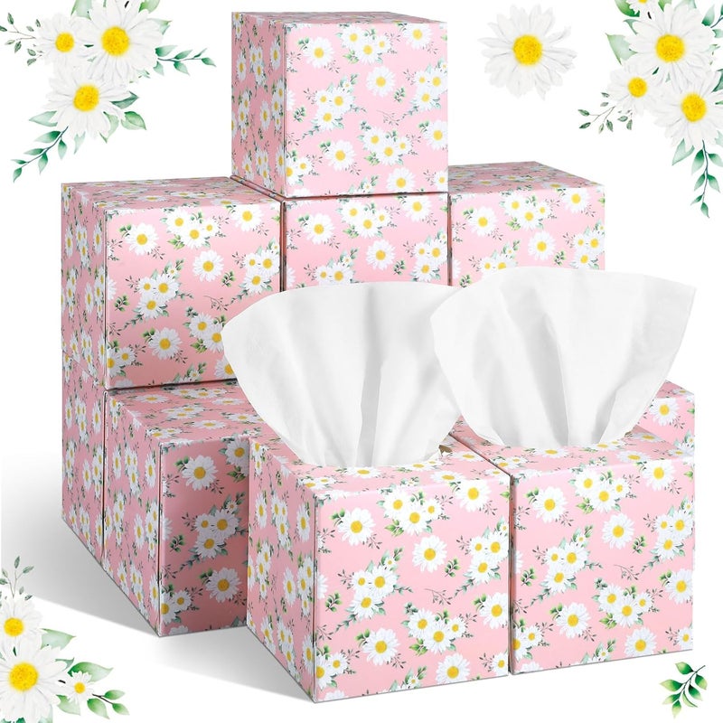 Fourluoo 12 Pack Summer Daisies Floral Facial Tissues Cube Boxes 600 Sheets 3 Ply Pink Small Flower Face Tissues Bulk for Summer Car Bedroom Supplies - Image 1